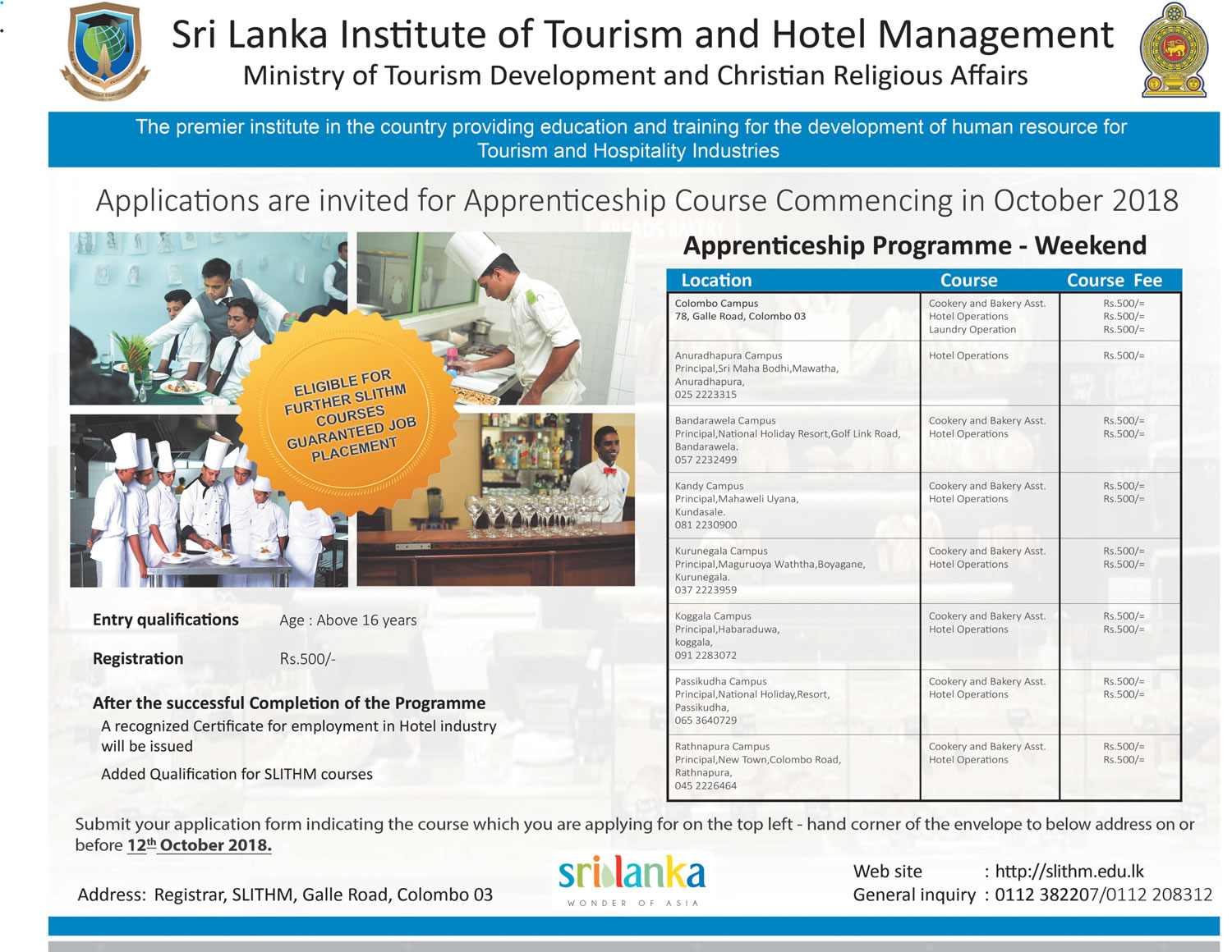 Applications are invited for Apprenticeship Course Commencing in October (2018) - Sri Lanka Institute of Tourism & Hotel Management